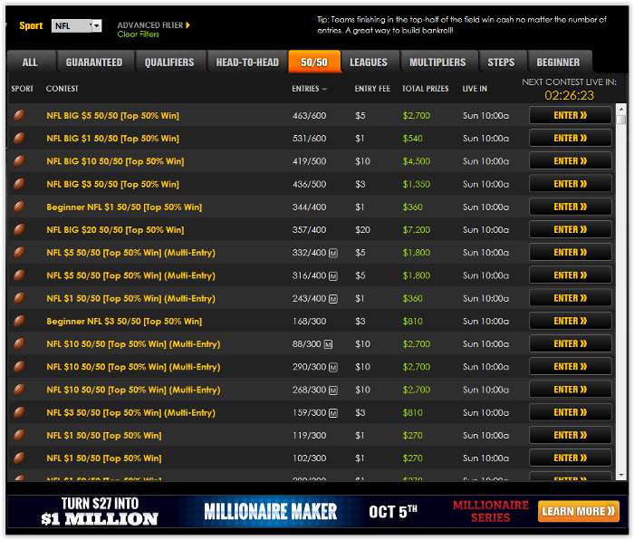 DraftKings 50/50 Contests